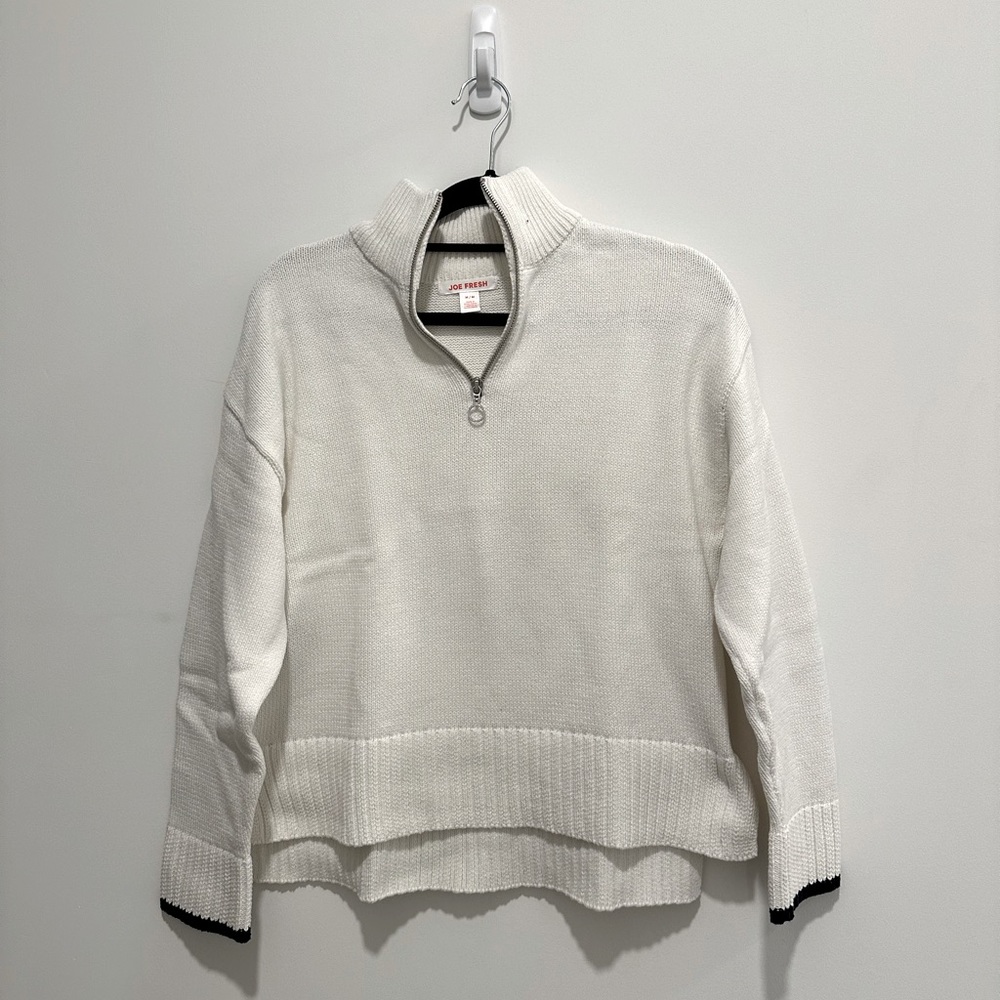 Joe Fresh, quarter-zip, white sweater with navy trim, size M, good condition